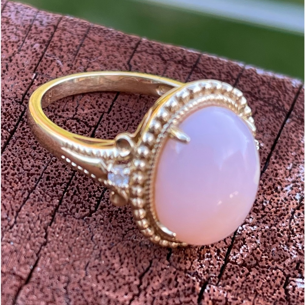14K Yellow gold natural Oval cabochon Peruvian pink opal & diamonds ring RARE - Picture 12 of 16